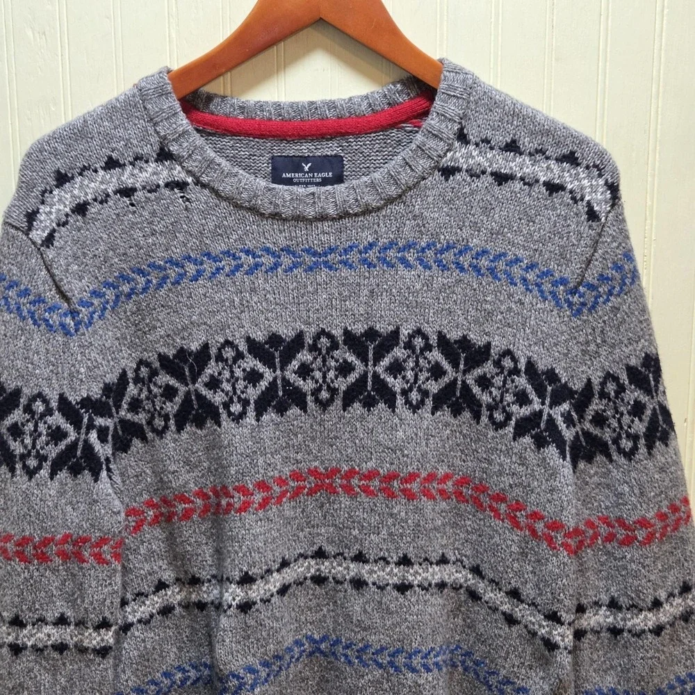 American Eagle Outfitters Sweater Mens Large Gray Fair Isle Crewneck Pullover‎